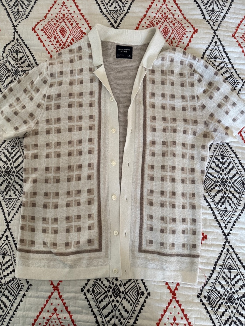 Abercrombie & Fitch Cream and Tan Short Sleeve Button Down Shirt